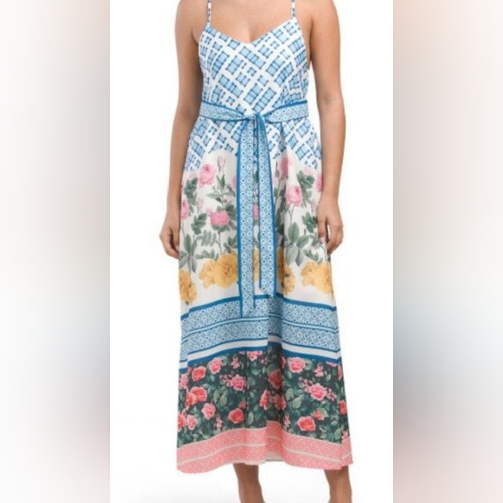 NWT - Dalia MacPhee Multi Floral Print Tie Shou Belted Waist Midi Dress -Size XL